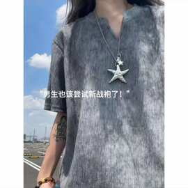 扎染肌理感重磅领潮流短袖恤男女夏季小众衣服潮牌宽松凉感半袖