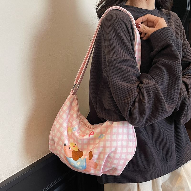 New cute Dachshund box checkered single-shoulder bag for girls, cartoon crossbody canvas bag for girls, and commuting bag for girls' classes undefined