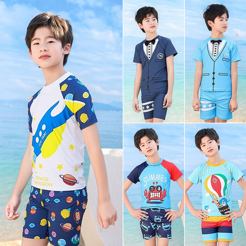 Children's swimwear set for boys, split two-piece set for small, medium, and large children, sun protection quick-dry swim trunks, cute baby hot spring swimsuit
