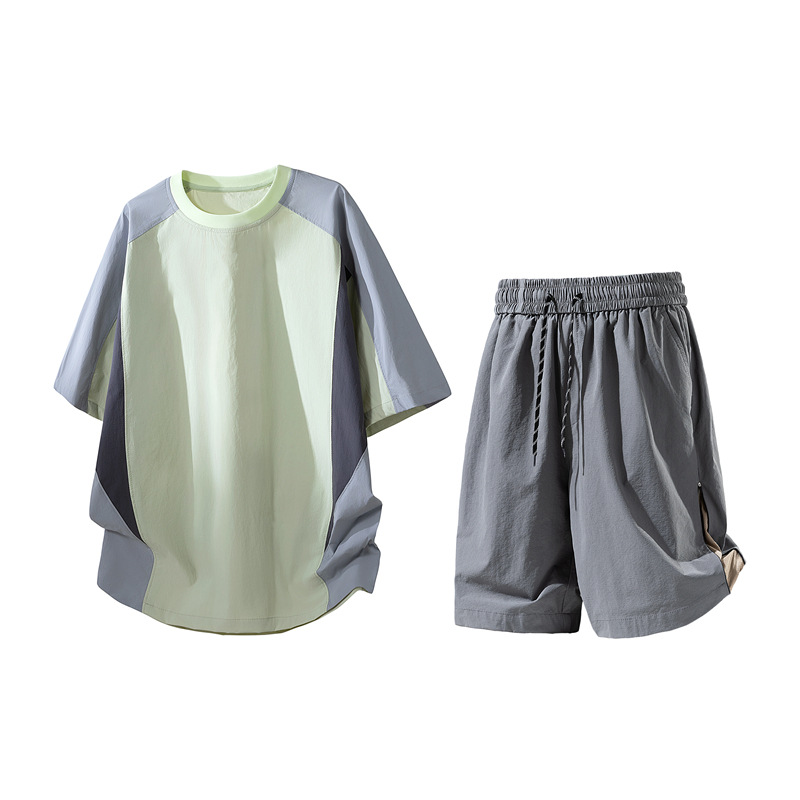 Cross-border summer two-piece set, loose-fitting shorts and T-shirt, trendy men's clothing, four-way stretch casual suit