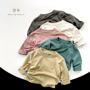 Retro five-color T-shirt ~ 2025 spring and autumn boys and girls Joker solid color cotton jacket children's baby Korean Mori fashion