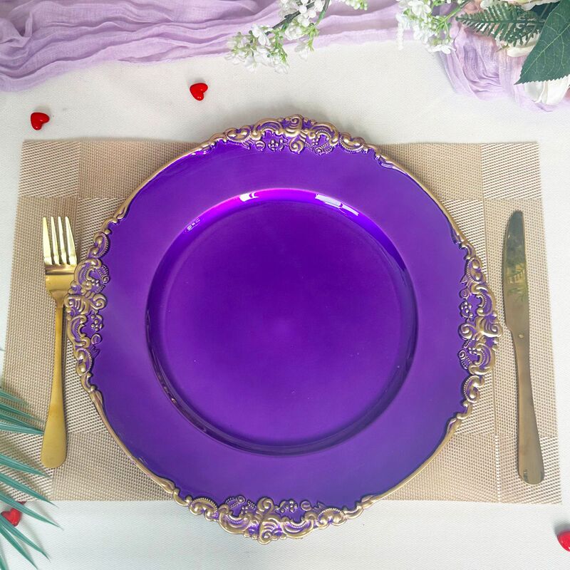 Cross-Border Charger Plates Party Wedding Banquet Western Restaurant Purple Blue Black Embossed Decorative Plate