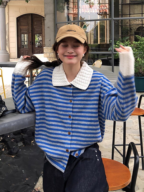 小香风条纹polo领长袖毛衣针织衫女早秋季慵懒松弛感穿搭外套上衣|undefined