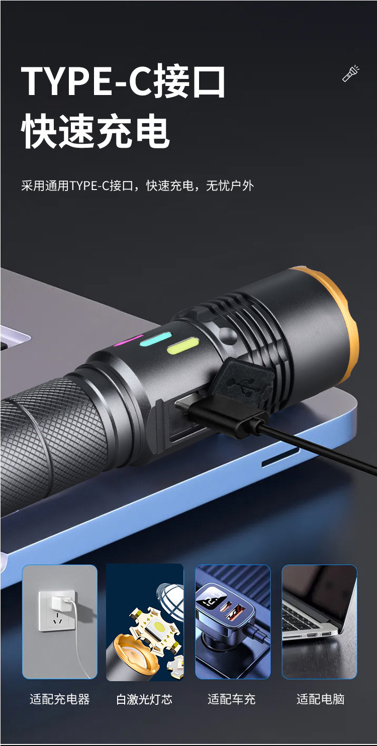 White Laser Zoom Long-Range Strong Light Flashlight with Display Screen, Rechargeable, Ultra-Bright, Large Floodlight, Fill Light for Outdoor Photography