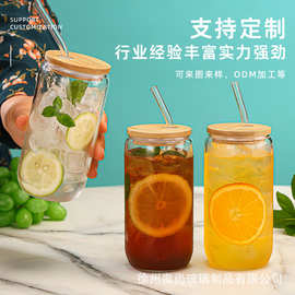 跨境爆款16oz竹盖玻璃可乐杯高硼硅玻璃水杯UV打印耐高温吸管杯子
