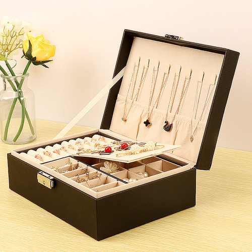 New simple double-layered lockable wooden leather jewelry box earrings jewelry box