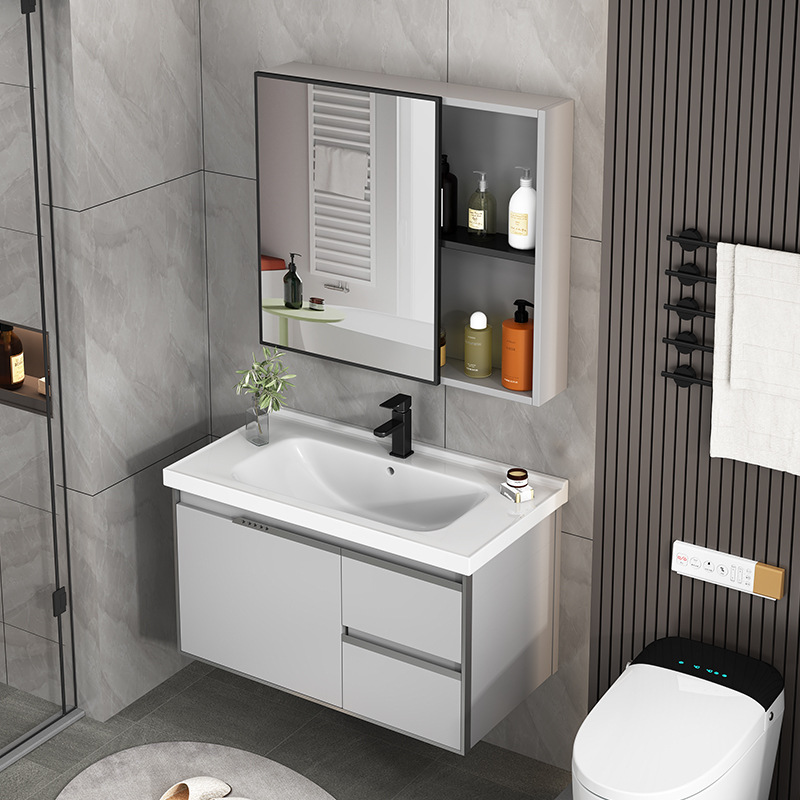 Engrosado espacio de aluminio gabinete de baño combinación lavabo piscina baño integrado lavabo de cerámica mesa de lavado