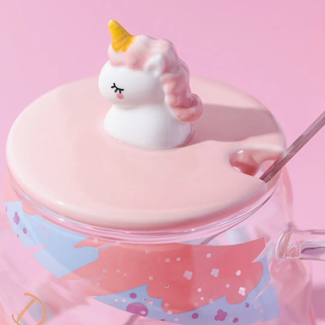 Creativo espiral taza unicornio 3D taza de dibujos animados con tapa cuchara vidrio transparente taza de agua taza de la Oficina
