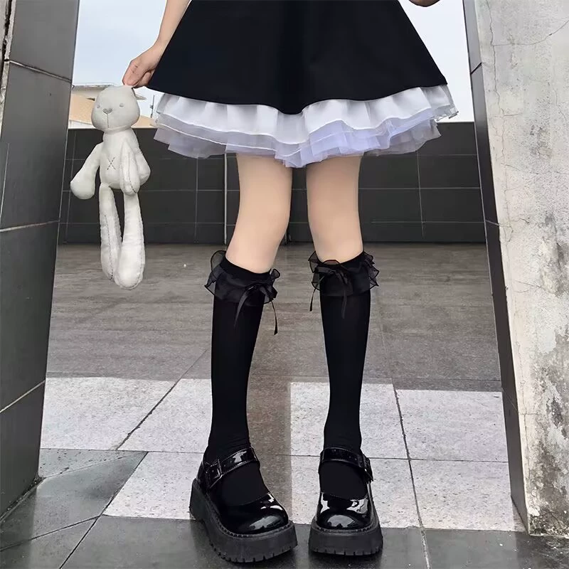 Деми-сезонные однотонные кружевные колготки с бантом, стиль Lolita, кружевное платье, средняя длина