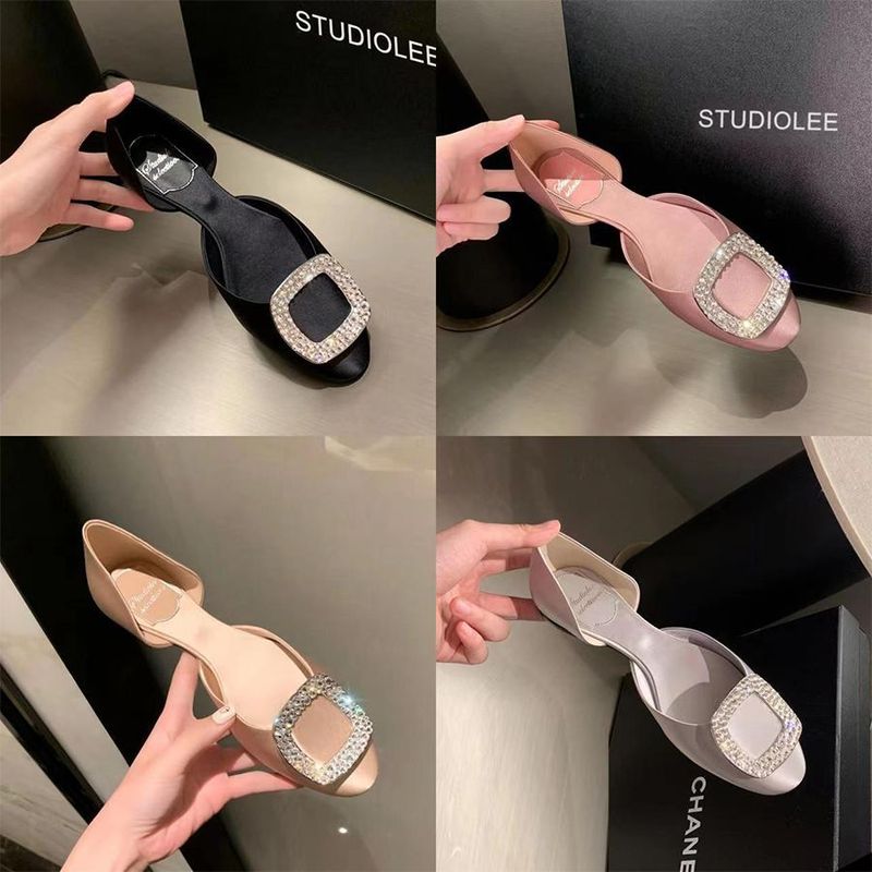 Ready in Stock and Shipped in Seconds ~ Grape Mom Summer New Fashion Fairy Round Toe Square Diamond Ornament Shallow Mouth Hollow Flat Shoes for Women