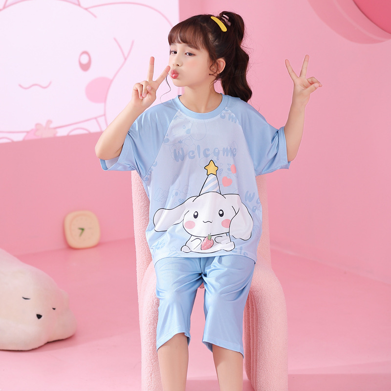 Pijamas de niñas de verano hielo de manga corta delgada set de niños de verano madre e hija padres niños mayores ropa de casa de niñas