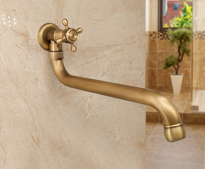 Extended antique copper single-cooling faucet, outdoor mop sink, outdoor wall-mounted faucet, European retro style, rotatable full figure