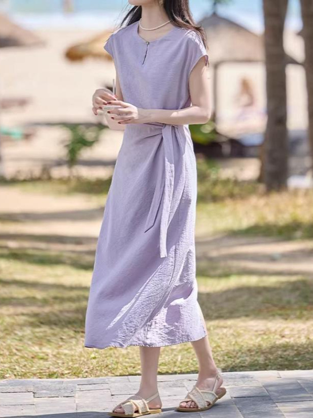 Đầm maxi nữ thắt eo tay ngắn dáng suông, thiết kế dây rút eo tôn dáng, phong cách Pháp thanh lịch mùa hè 2026 — Xanh tím