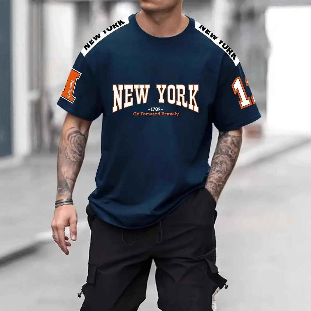 2024 Venta caliente Nueva York Lema 3D impresión hombres calle alta malla suelta transpirable deportes de manga corta camiseta de cuello redondo