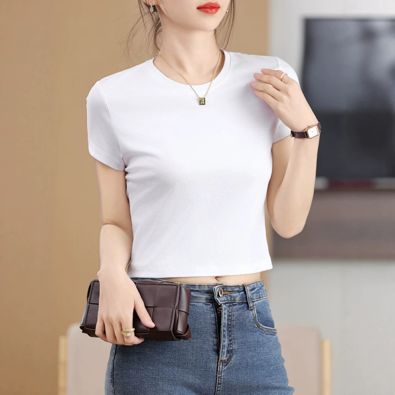Cross-Border Wholesale Mercerized Cotton Short-Sleeve T-Shirt for Women, Short Style, Solid Color, Cool Feel, Regular Shoulder, Round Neck, 100% Cotton, Three-Quarter Sleeve Cross-Border Wholesale Mercerized Cotton Short-Sleeve T-Shirt for Women, Short Style, Solid Color, Cool Feel, Regular Shoulder, Round Neck, 100% Cotton, Three-Quarter Sleeve
