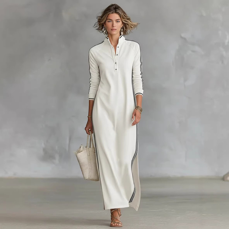 2026 European and American Cross-Border Independent Website New Style Women's Simple White Trim Button Collar Sweatshirt Long Dress