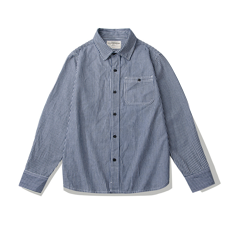 OKONKWO rayado vertical sola bolsa camisa de los hombres retro ameikaji ropa de trabajo de Mezclilla a rayas camisa de manga larga