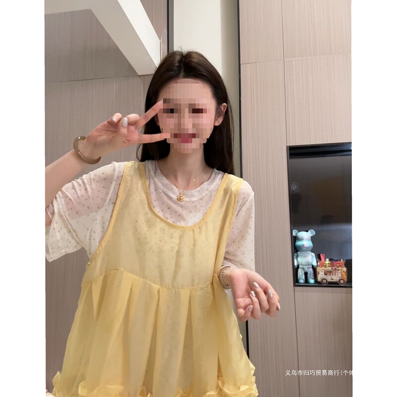 Mesh Shirt for Women, New Summer Style, Sweet and Fresh, Loose Fit, Slimming, Double-Layer Lace Trim Shirt in Apricot and Green Mesh Shirt for Women, New Summer Style, Sweet and Fresh, Loose Fit, Slimming, Double-Layer Lace Trim Shirt in Apricot and Green