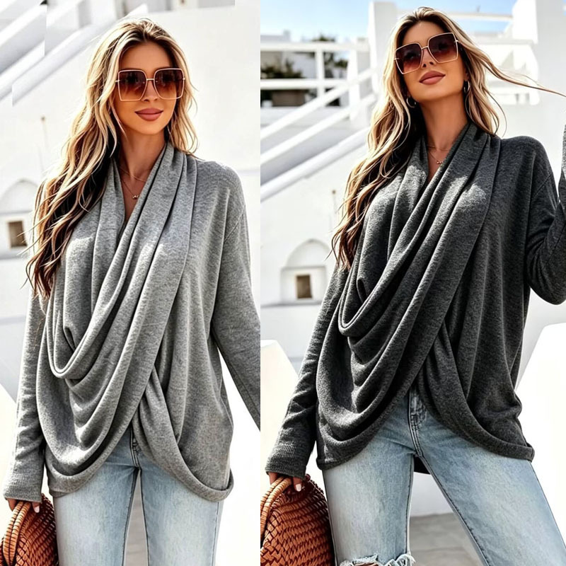 eBay AliExpress Wish 2025 Autumn Collection: Loose-fitting, stylish, and asymmetrical long-sleeved T-shirt with a ruffled collar eBay AliExpress Wish 2025 Autumn Collection: Loose-fitting, stylish, and asymmetrical long-sleeved T-shirt with a ruffled collar