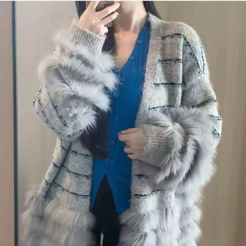 秋冬高级感仿狐狸毛亮丝条纹韩系中长宽松显瘦毛衣慵懒风外套女|undefined