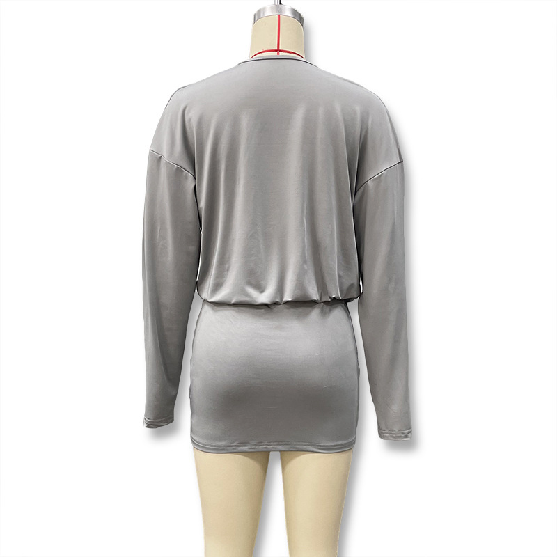 Women's Sexy Deep V Long Sleeve Dress American Style Solid Color Waist Cinching Bodycon Fashion For Autumn_ecoleips.com