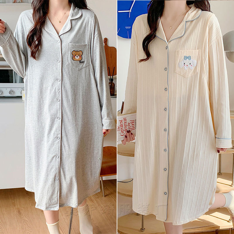 Pure Cotton Maternal Pajamas Nursing Dress Long-sleeved Cardigan Home Summer Postpartum Nursing Nightdress Spring and Autumn Moon Dress