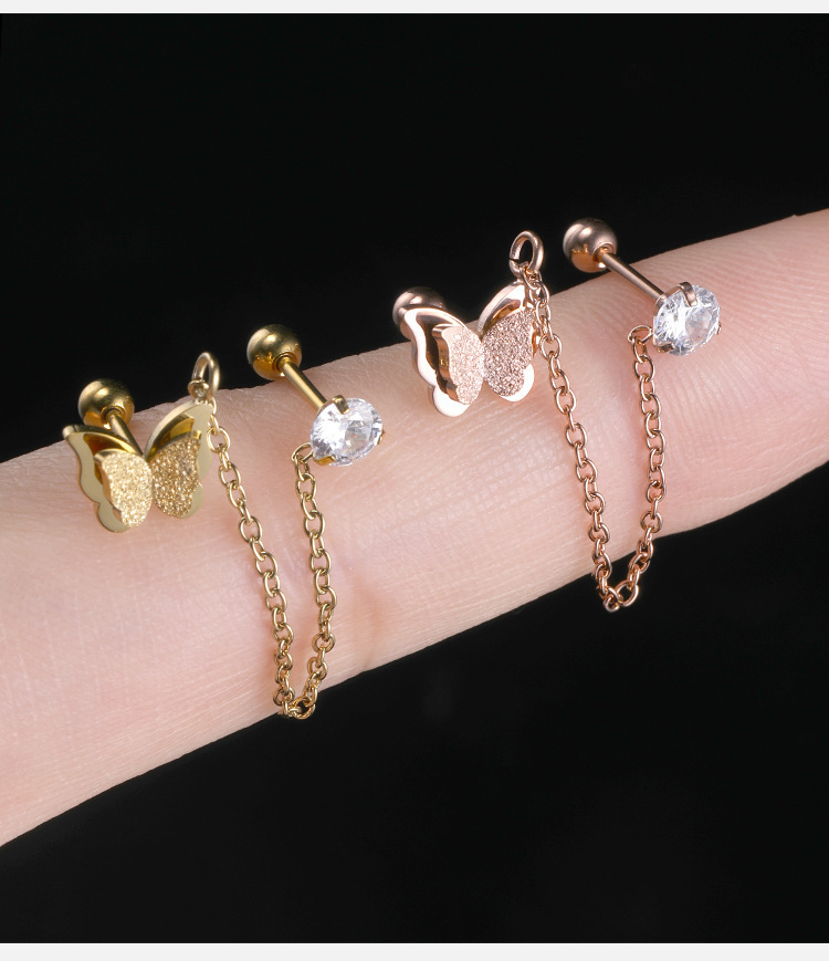 Butterfly Stainless Steel Earring - Rose Gold Zircon Ear Bone Nail for Women detail image 11