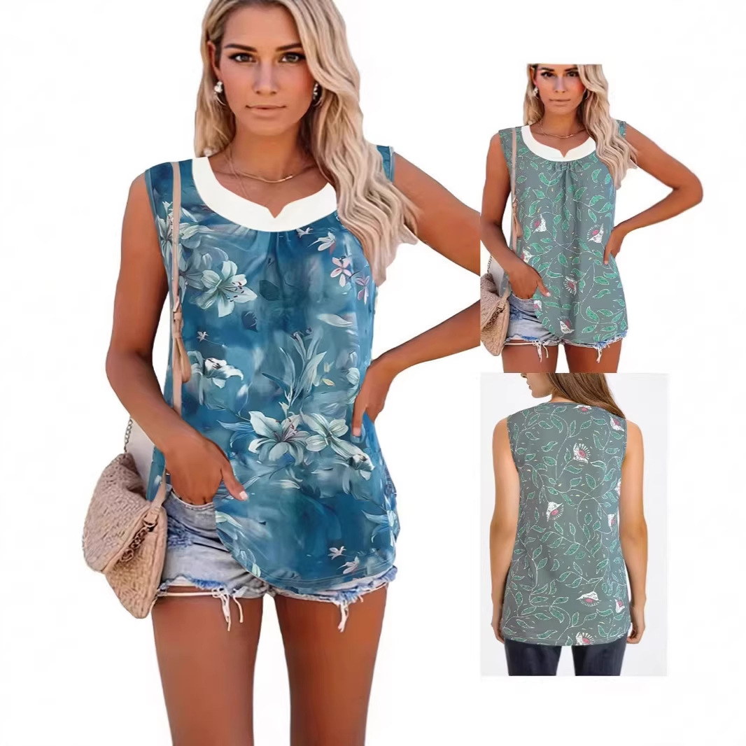 Canotta da donna ampia senza maniche con stampa, scollo a V, casual estiva, traspirante e comoda._voghion.com