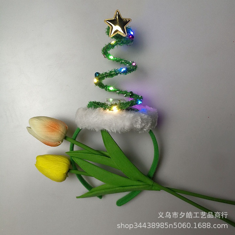 2021亞馬遜熱銷LED閃光燈聖誕樹發箍兒童派對表演帶燈彈簧頭箍