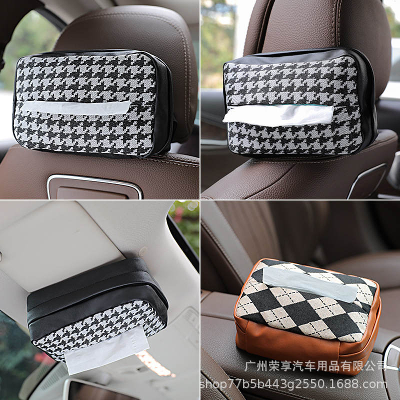 Car Tissue Box with Houndstooth Pattern, Linen-Effect Tissue Dispenser, Multi-Functional Tissue Holder for Car Seat Backs & Armrests, Automotive Accessories