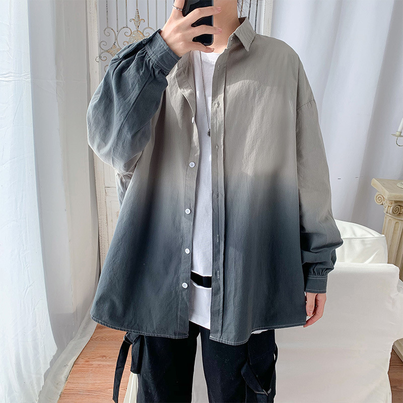 Spring New Men's Shirt Korean Style Trendy Stylish Gradient Color Loose Versatile Shirt Hong Kong Style Student Long-Sleeve Jacket