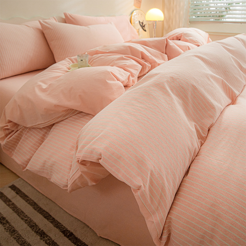 Algodón lavado de algodón Juego de cuatro piezas Algodón puro 2024 Nuevo otoño e invierno Sábana simple Funda de edredón Juego de cama de tres piezas 4
