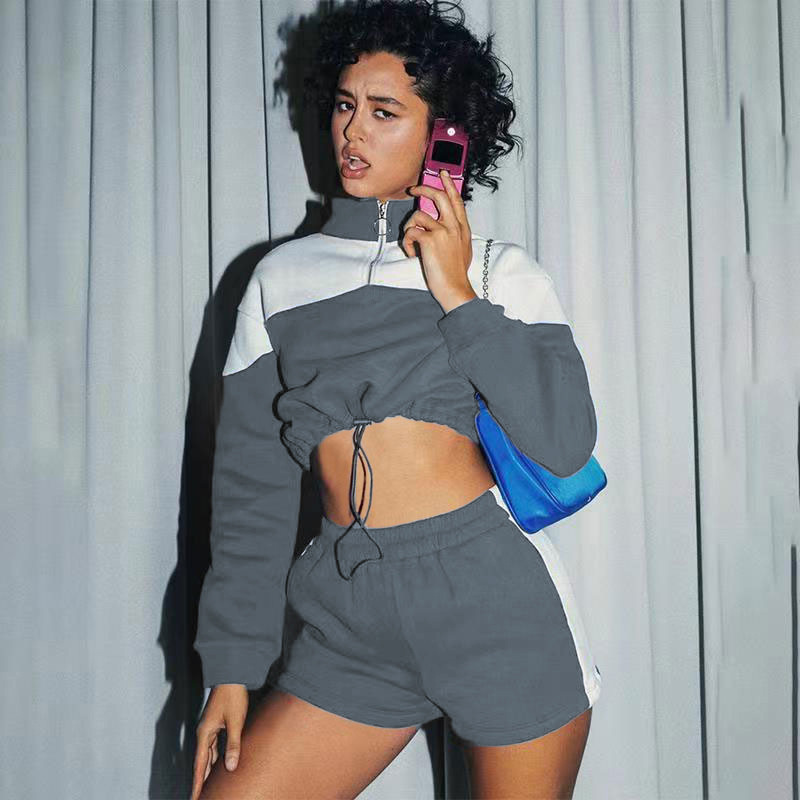 Pantaloncini casual da donna con coulisse a contrasto, felpa da donna, abito a due pezzi in quattro pezzi_voghion.com