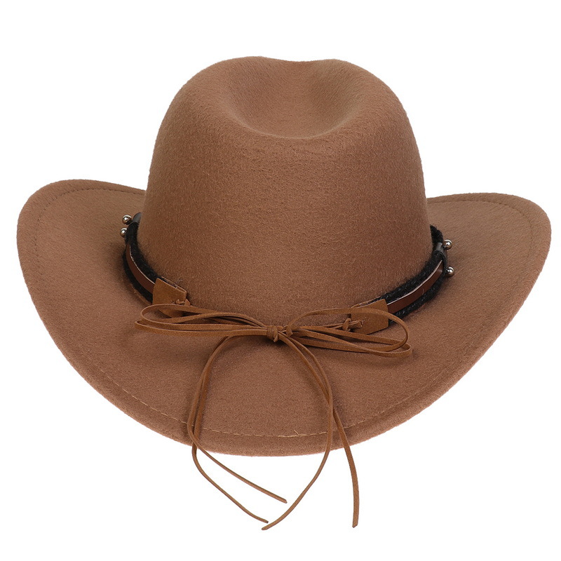 Nuovo cappello da cowboy dell'Europa occidentale, catena in pelle di vacchetta di lana, cappello jazz con bordo rialzato, cappello tibetano retrò, tendenza del cappello in feltro_voghion.com