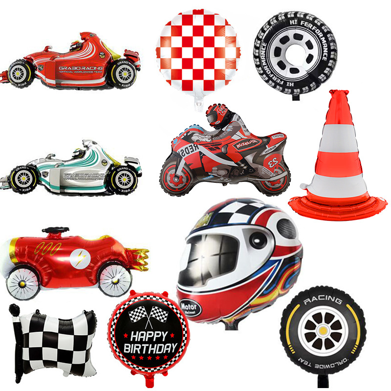 跨境赛车头盔轮胎气球套装黑白方格线条数字气球赛车主题轮胎气球