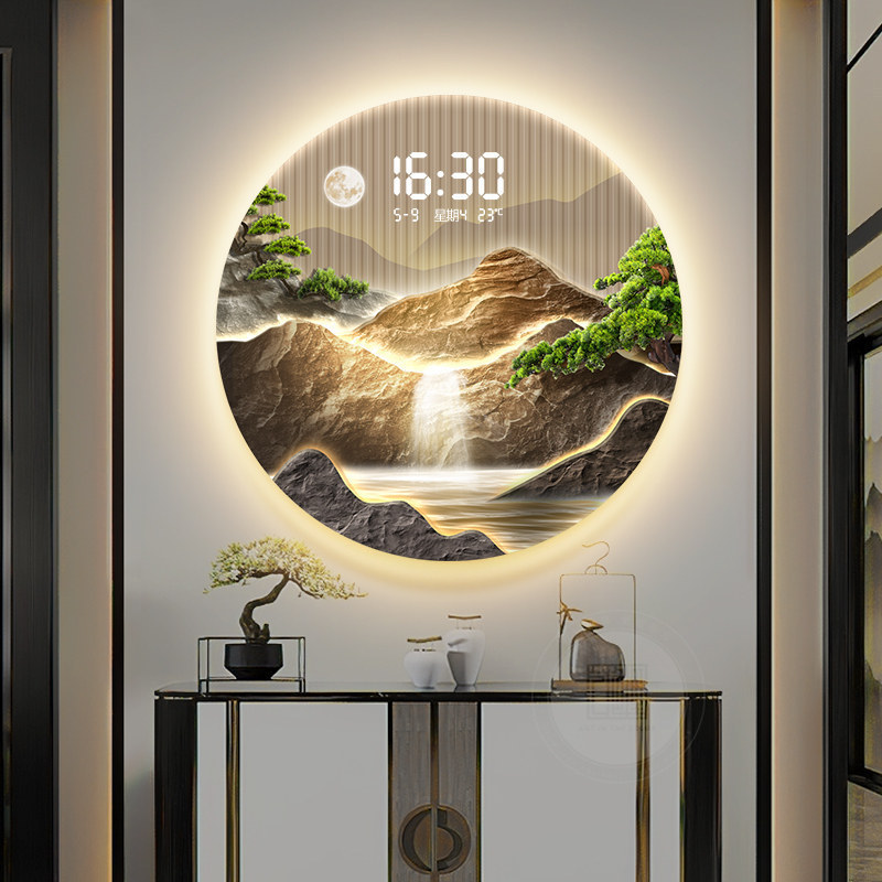 Entrance Decorative Painting with Led Lights, Clock, Wall-Mounted Electronic Display, Flowing Water and Wealth Landscape Painting, Welcoming Guest Pine Mural Entrance Decorative Painting with Led Lights, Clock, Wall-Mounted Electronic Display, Flowing Water and Wealth Landscape Painting, Welcoming Guest Pine Mural