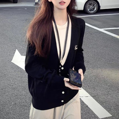韩系假两件针织开衫女早秋季穿搭撞色长袖毛衣宽松慵懒风外穿上衣