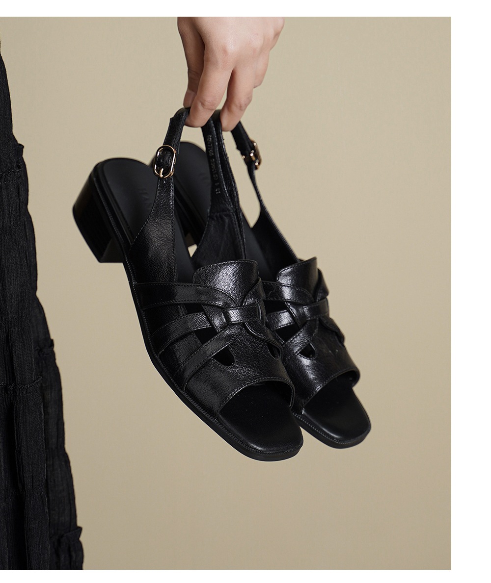 Sandal nữ hở mũi da cừu gót thô phong cách La Mã quai chữ T — đen chi tiết 8