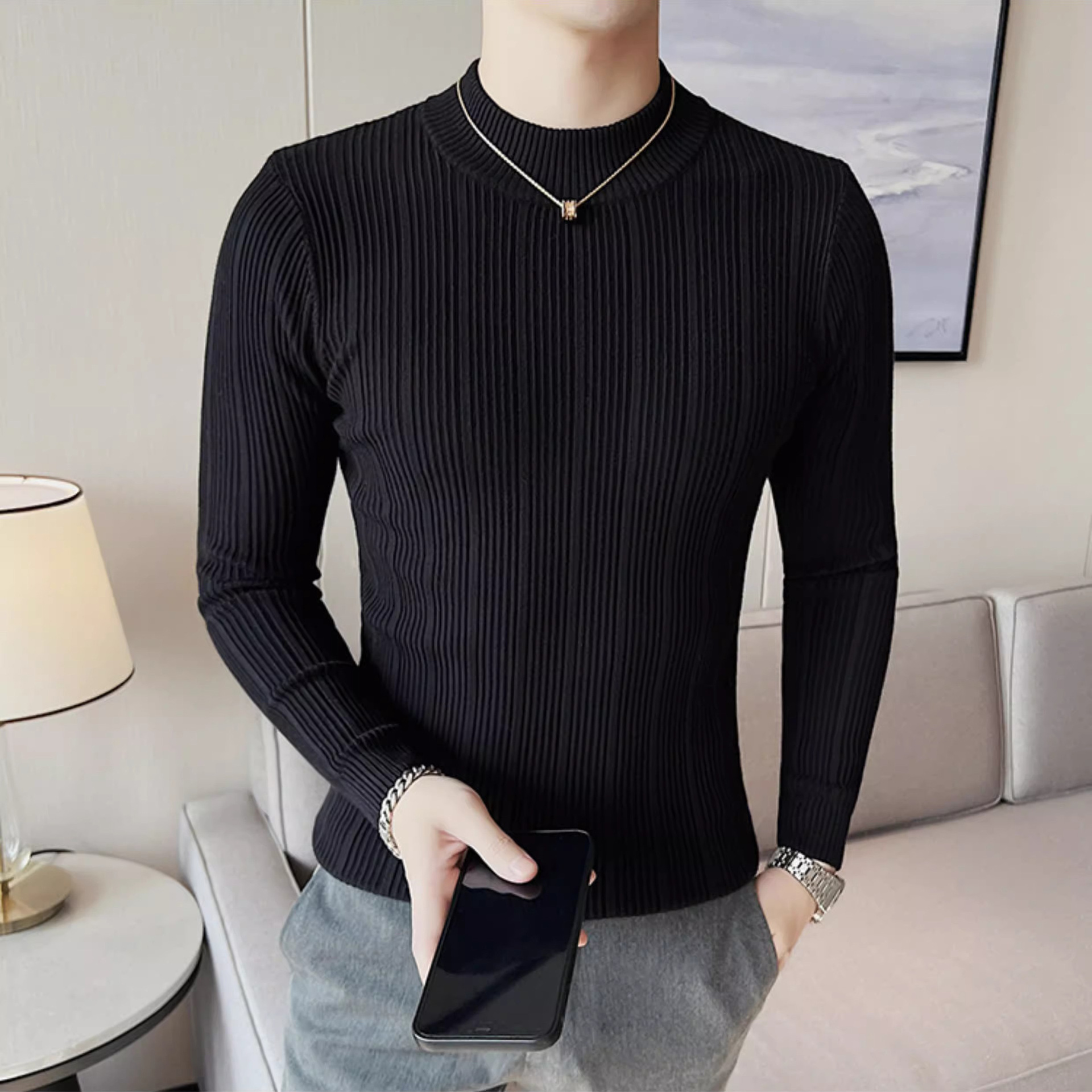 Camiseta de punto de cuello de media altura camiseta de manga larga hombre viejo dinero estilo de negocios delgado color sólido en primavera y otoño fábrica transfronteriza al por mayor