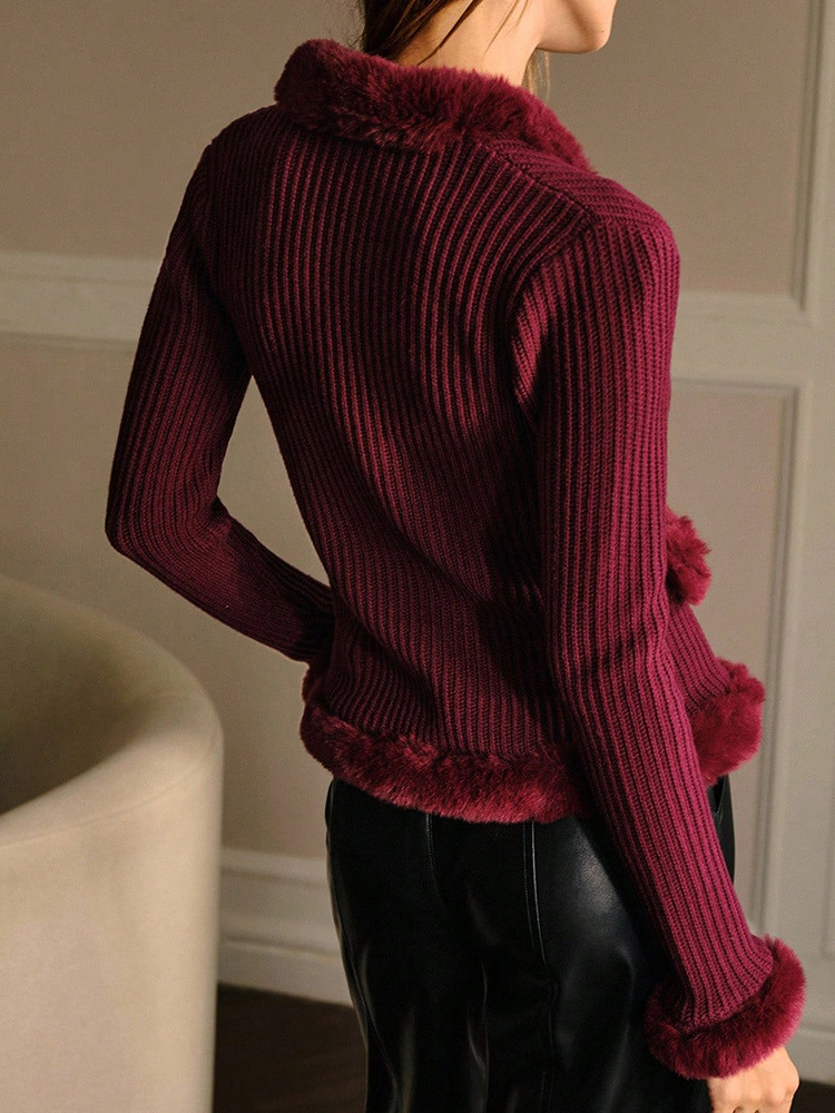 El estilo de moda corto de costura de bordes de lana universal de cuello en V cardigan de manga larga de otoño y invierno 2025 nuevo estilo europeo y americano transfronterizo