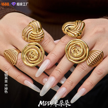 欧美ins夸张设计网格纹镂空戒指个性小众简约手饰不锈钢镀18k真金