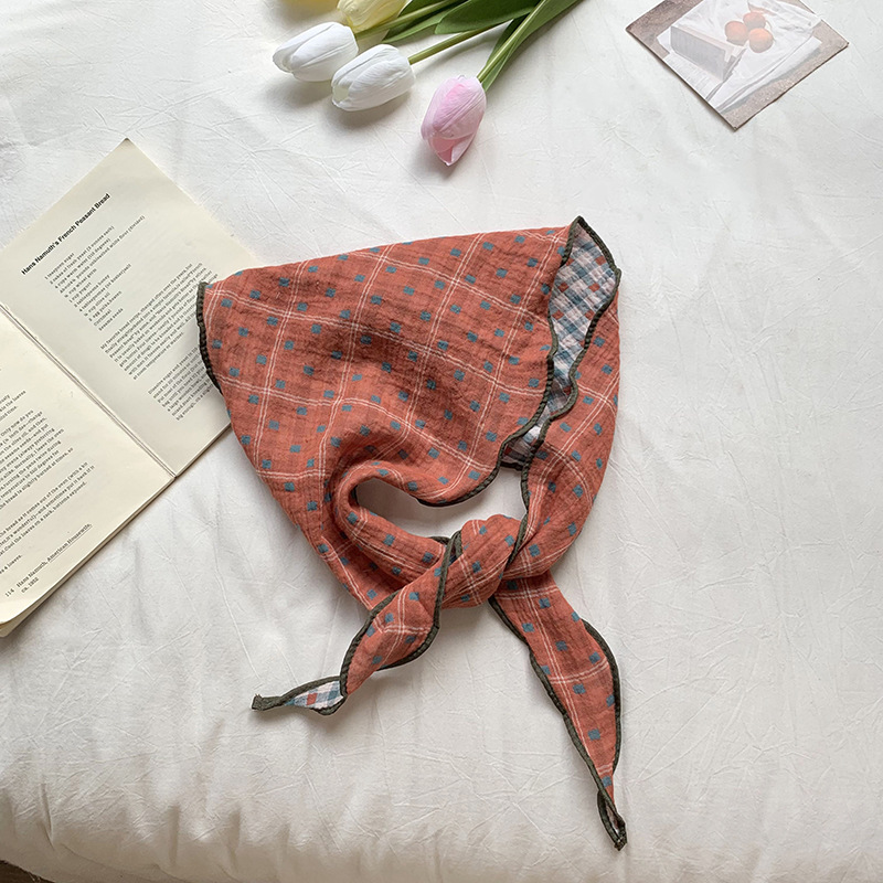 Pañuelo estilo pastoral femenino primavera y verano estilo arte japonés a cuadros bufanda triangular decoración de doble cara bufanda de seda pañuelo para el cabello