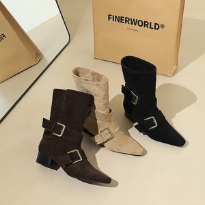 9625-1 Classic Retro Western Knight Boots Belt Buckle Thick Heel Square Head Suede Fashion Short Boots Medium Boots for 