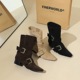 9625-1 Classic Retro Western Knight Boots Belt Buckle Thick Heel Square Head Suede Fashion Short Boots Medium Boots for Women