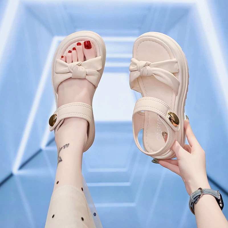 Женские летние сандалии на платформе с толстой подошвой, новая модель 2025 года, в стиле феи, нескользящие, с бантом.