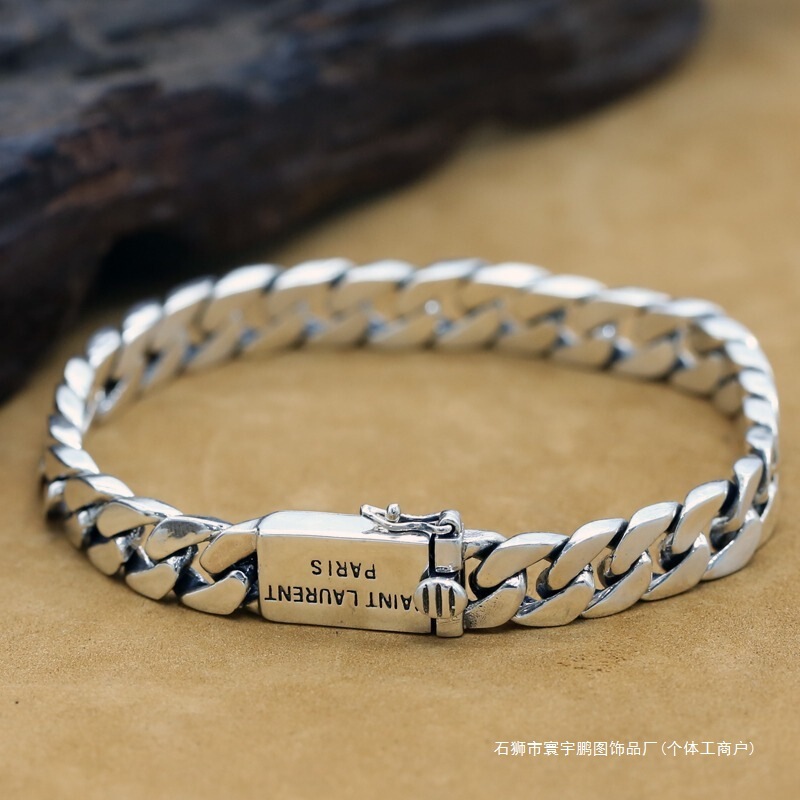 Authentic 925 Sterling Silver Simple Bare Silver Chain Korean Style Couple Lettering Bracelet Thai Silver Men's Cuban Chain Personalized Gift