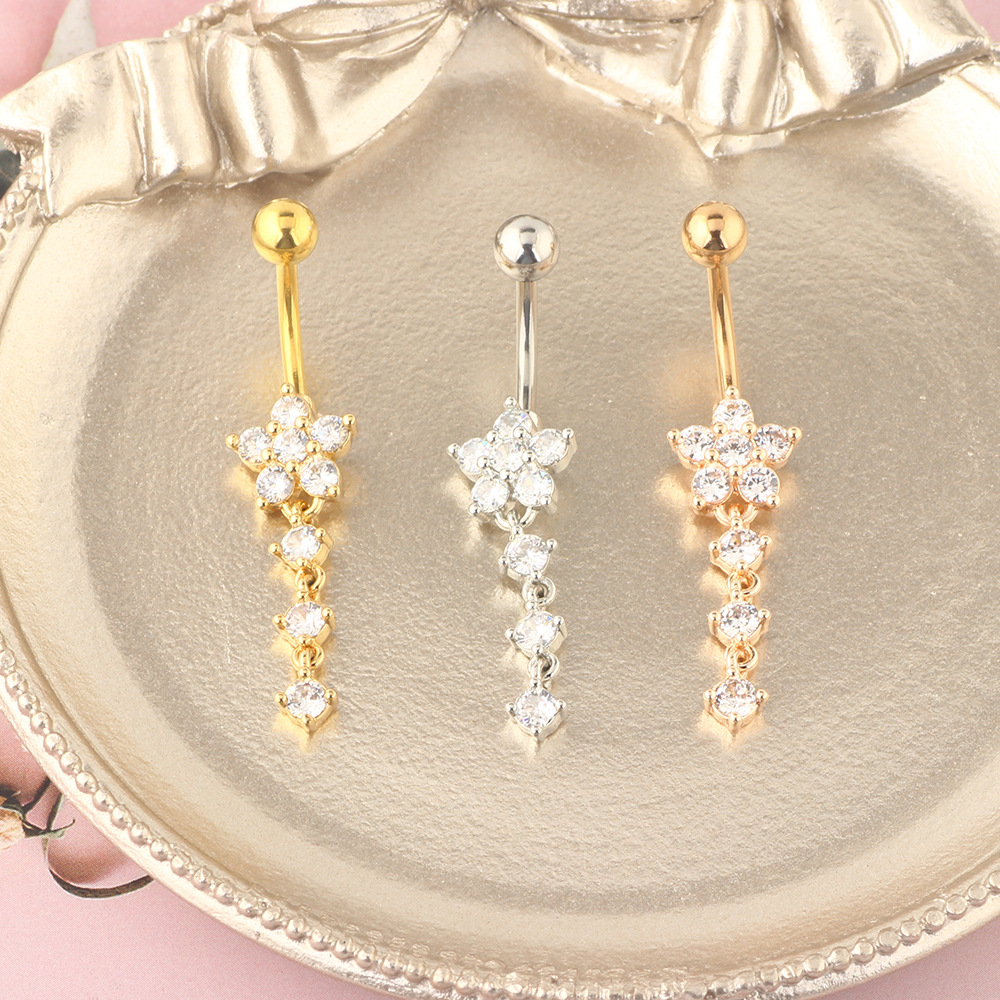 Rose Gold Belly Button Ring Zircon Flower Cartoon Style Body Piercing Jewelry detail image 7