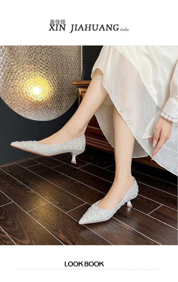 Giày cao gót mũi nhọn đính đá và ngọc trai, gót mảnh, chất liệu da — Mơ 6.5CM, Quả mơ 4.5CM chi tiết 2