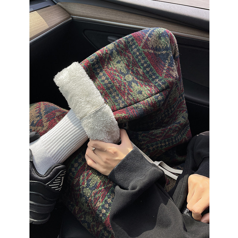 羊羔绒裤子女秋冬季加绒加厚胖mm大码宽松复古民族风针织休闲棉裤