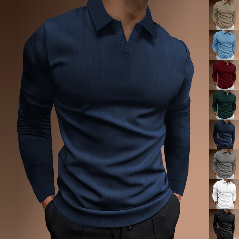 Transfronterizos Europa y América comercio exterior hombre de otoño deportivo acondicionamiento ocio cuello vertical elástico manga larga cuello en V camisa polo hombre